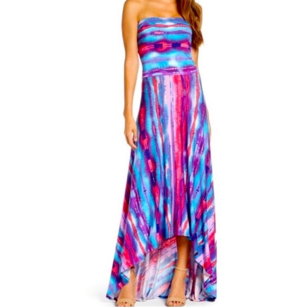 Felicity & Coco Strapless High-Low Maxi Dress in Blue, Purple & Pink